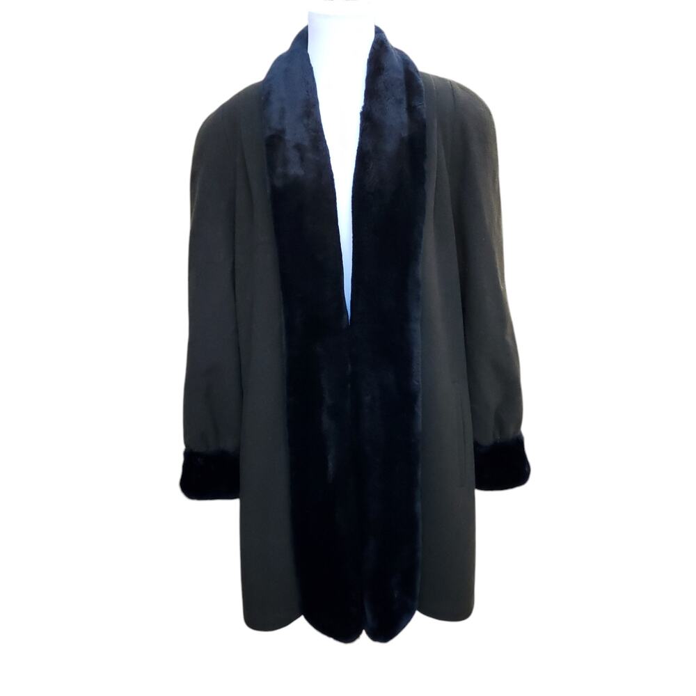 VTG Alorna Green Wool Coat Black Faux Fur Shearling Trim Open Front Fits L/XL